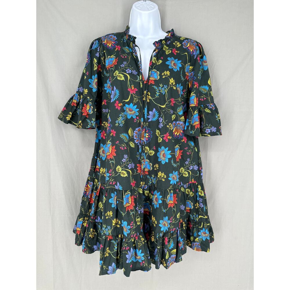 Sugarlips Dress Womens XS Green Blue Floral Mini Auggie Tiered Boho Cottage